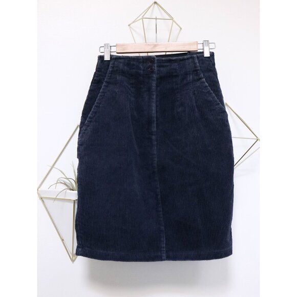 80s Sapphire Corduroy Pencil Skirt, Navy Blue Mini Skirt, High Waisted Minimal - Picture 4 of 8